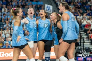 Creighton Bluejays celebrate an ace during a volleyball match against Louisville on Friday, September 12th, 2025 in Omaha, Nebraska. Photo by Brandon Tiedemann.
