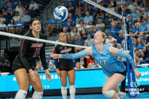Creighton Bluejays Annalea Maeder (17) dives for a ball during a volleyball match against Louisville on Friday, September 12th, 2025 in Omaha, Nebraska. Photo by Brandon Tiedemann.