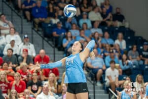 Creighton Bluejays Sydney Breissinger (24) serves during a volleyball match against Louisville on Friday, September 12th, 2025 in Omaha, Nebraska. Photo by Brandon Tiedemann.