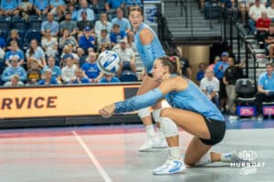 Creighton Bluejays Ava Martin (8) digs a serve during a volleyball match against Louisville on Friday, September 12th, 2025 in Omaha, Nebraska. Photo by Brandon Tiedemann.