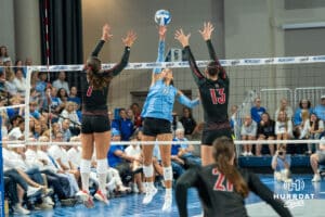 Creighton Bluejays Jaya Johnson (6) looks to hit in-between opponents during a volleyball match against Louisville on Friday, September 12th, 2025 in Omaha, Nebraska. Photo by Brandon Tiedemann.