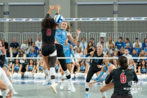 Creighton Bluejay Kiara Reinhardt (5) spikes a ball during a volleyball match against Louisville on Friday, September 12th, 2025 in Omaha, Nebraska. Photo by Brandon Tiedemann.