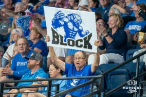 A Creighton Bluejays fan hold up a block sign during a volleyball match against Louisville on Friday, September 12th, 2025 in Omaha, Nebraska. Photo by Brandon Tiedemann.