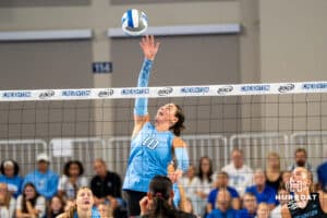 Creighton Bluejays Eloise Brandewie (10) smirks while hitting during a volleyball match against Louisville on Friday, September 12th, 2025 in Omaha, Nebraska. Photo by Brandon Tiedemann.