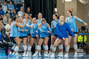 Creighton Bluejays bench dances during a volleyball match against Louisville on Friday, September 12th, 2025 in Omaha, Nebraska. Photo by Brandon Tiedemann.