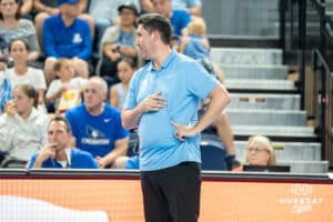 Creighton head coach Brian Rosen looks at a ref during a volleyball match against Louisville on Friday, September 12th, 2025 in Omaha, Nebraska. Photo by Brandon Tiedemann.