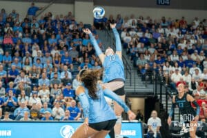 Creighton Bluejays Annalea Maeder (17) sets a ball during a volleyball match against Louisville on Friday, September 12th, 2025 in Omaha, Nebraska. Photo by Brandon Tiedemann.