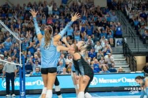 Creighton Bluejays Saige Damrow (13) cheers after a rally point during a volleyball match against Louisville on Friday, September 12th, 2025 in Omaha, Nebraska. Photo by Brandon Tiedemann.