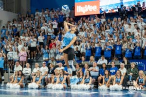 Creighton Bluejays Destiny Ndam-Simpson (18) serves during a volleyball match against Louisville on Friday, September 12th, 2025 in Omaha, Nebraska. Photo by Brandon Tiedemann.