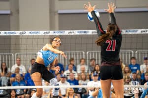 Creighton Bluejays Destiny Ndam-Simpson (18) spikes the ball during a volleyball match against Louisville on Friday, September 12th, 2025 in Omaha, Nebraska. Photo by Brandon Tiedemann.