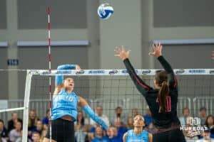 Creighton Bluejays Eloise Brandewie (10) tips a ball during a volleyball match against Louisville on Friday, September 12th, 2025 in Omaha, Nebraska. Photo by Brandon Tiedemann.