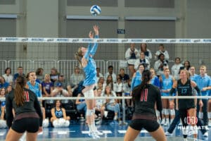 Creighton Bluejays Annalea Maeder (17) sets a ball during a volleyball match against Louisville on Friday, September 12th, 2025 in Omaha, Nebraska. Photo by Brandon Tiedemann.