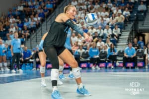 Creighton Bluejays Saige Damrow (13) digs a serve during a volleyball match against Louisville on Friday, September 12th, 2025 in Omaha, Nebraska. Photo by Brandon Tiedemann.