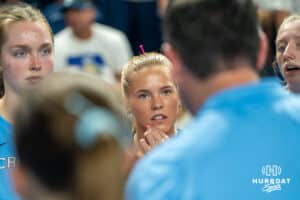 Creighton Bluejays Saige Damrow (13) looks at Brian Rosen during a volleyball match against Louisville on Friday, September 12th, 2025 in Omaha, Nebraska. Photo by Brandon Tiedemann.