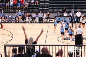 Elkhorn North team and fans are joyful after their win in the Elkhorn North Volleyball game vs Gretna on September 2nd, 2025, in Omaha, Nebraska. Photo by Drew Balus