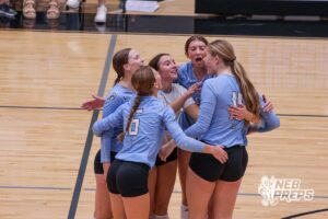 Elkorn North celebrates during the Elkhorn North Volleyball game vs Gretna on September 2nd, 2025 in Omaha, Nebraska. Photo by Drew Balus