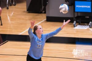 Payton Palmer tosses the ball during the Elkhorn North Volleyball game vs Gretna on September 2nd, 2025 in Omaha, Nebraska. Photo by Drew Balus