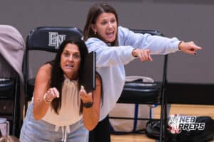Head coach, Jenny Gragert, and assistant coach, Kirsten Booth, call out plays during the Elkhorn North Volleyball game vs Gretna on September 2nd, 2025 in Omaha, Nebraska. Photo by Drew Balus