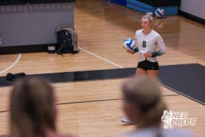 Koco Janssen gets ready to serve during the Elkhorn North Volleyball game vs Gretna on September 2nd, 2025 in Omaha, Nebraska. Photo by Drew Balus