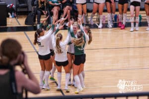 Gretna celebrates during the Elkhorn North Volleyball game vs Gretna on September 2nd, 2025 in Omaha, Nebraska. Photo by Drew Balus