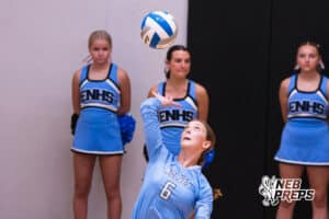 Hayden Booth hits the ball during the Elkhorn North Volleyball game vs Gretna on September 2nd, 2025 in Omaha, Nebraska. Photo by Drew Balus
