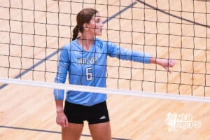 Hayden Booth signals a play during the Elkhorn North Volleyball game vs Gretna on September 2nd, 2025 in Omaha, Nebraska. Photo by Drew Balus