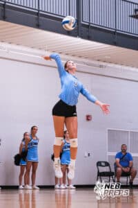 Hayden Booth serves the ball during the Elkhorn North Volleyball game vs Gretna on September 2nd, 2025 in Omaha, Nebraska. Photo by Drew Balus