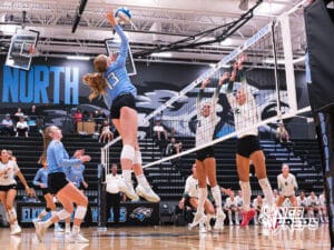 Payton Palmer spikes it during the Elkhorn North Volleyball game vs Gretna on September 2nd, 2025 in Omaha, Nebraska. Photo by Drew Balus
