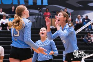 Hayden Booth, Nora Morgan, and Payton Palmer celebrate during the Elkhorn North Volleyball game vs Gretna on September 2nd, 2025 in Omaha, Nebraska. Photo by Drew Balus