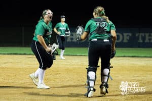 The Skutt pitcher screams with the catcher after the double play to win the game at the Skutt vs Marian Softball game on September 4th, 2025 in Omaha, Nebraska. Photo by Drew Balus