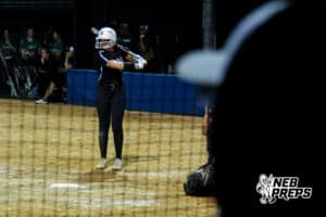 The marian batter gets ready to hit during the Skutt vs Marian Softball game on September 4th, 2025 in Omaha, Nebraska. Photo by Drew Balus