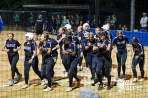 Marian is all smiles after the homerun during the Skutt vs Marian Softball game on September 4th, 2025 in Omaha, Nebraska. Photo by Drew Balus