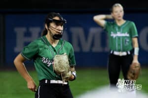 The Skutt pitcher focuses on the batter during the Skutt vs Marian Softball game on September 4th, 2025 in Omaha, Nebraska. Photo by Drew Balus
