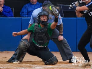 The Skutt catcher frames the ball during the Skutt vs Marian Softball game on September 4th, 2025 in Omaha, Nebraska. Photo by Drew Balus