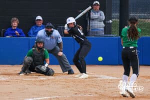 The Skutt pitcher pitches to the Marian batter during the Skutt vs Marian Softball game on September 4th, 2025 in Omaha, Nebraska. Photo by Drew Balus