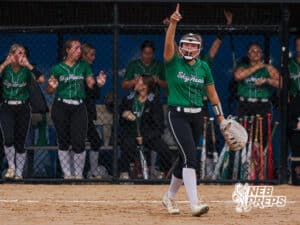 The skutt first baseman celebrates after the play during the Skutt vs Marian Softball game on September 4th, 2025 in Omaha, Nebraska. Photo by Drew Balus