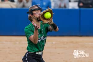 The Skutt shortstop catches the ball thrown from the outfield during the Skutt vs Marian Softball game on September 4th, 2025 in Omaha, Nebraska. Photo by Drew Balus