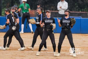 Alaina Kroll and Brooklyn Kincaid celebrate during the Skutt vs Marian Softball game on September 4th, 2025 in Omaha, Nebraska. Photo by Drew Balus