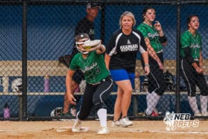 The Skutt first baseman catches the ball during the Skutt vs Marian Softball game on September 4th, 2025, in Omaha, Nebraska. Photo by Drew Balus