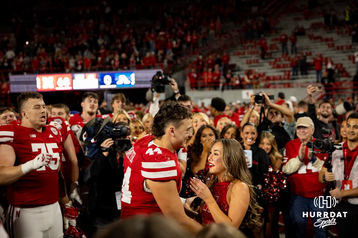 Nebraska Cornhusker Luke Lindenmeyer (44) proposes to his girlfriend after the game against the Akron Zips during a college football game on Saturday, September 6, 2025 in Lincoln, NE. Photo by John S. Peterson.