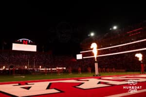 The drone light show forms the Nebraska Backshirt logo in the North end zone at the end of the third quarter during a college football game against Akron on Saturday, September 6, 2025, in Lincoln, NE. Photo by John S. Peterson.