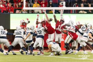 Nebraska Cornhusker Riley Van Poppel (5) blocks a field goal attempt by the Akron Zips in the third quarter during a college football game on Saturday, September 6, 2025 in Lincoln, NE. Photo by John S. Peterson.