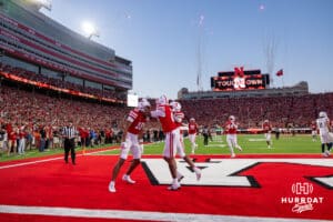 Nebraska Cornhusker Larry Tarver Jr. (18) celebrates scoring a touchdown with teammates against the Akron Zips in the second quarter during a college football game on Saturday, September 6, 2025 in Lincoln, NE. Photo by John S. Peterson.