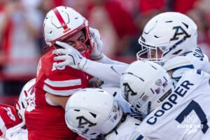 Nebraska Cornhusker Heinrich Haarberg (10) is stopped just short of the goal line by the Akron Zips in the first quarter during a college football game on Saturday, September 6, 2025 in Lincoln, NE. Photo by John S. Peterson.