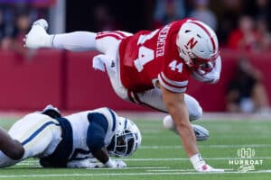 Nebraska Cornhusker Luke Lindenmeyer (44) running with the ball after a catch against the Akron Zips in the first quarter during a college football game on Saturday, September 6, 2025 in Lincoln, NE. Photo by John S. Peterson.