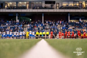 Both teams line up for introductions before the game. Creighton men's hosted Denver at Morrison Stadium in Omaha, Nebraska for Socctoberfest on September 5th, 2025.