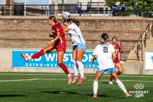 Creighton player heads the ball. Creighton women's soccer hosted Arkansas at Morrison Stadium for Socctoberfest on September 5th, 2025.