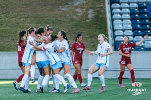 Jalen Chaney celebrates a goal with teammates. Creighton women's soccer hosted Arkansas at Morrison Stadium for Socctoberfest on September 5th, 2025.