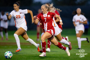 Cornhusker Forward Reagen Raabe (7) dribbles upfield past a couple Oregon State defenders during a college soccer game, Thursday, September 4th, 2025, Lincoln, Nebraska. Photo by Braden Cochran.