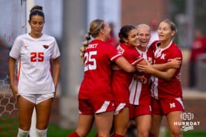 Nebraska Teammates celebrate with Kayma Carpenter (29) after the first goal of the game during a college soccer game, Thursday, September 4th, 2025, Lincoln, Nebraska. Photo by Braden Cochran.